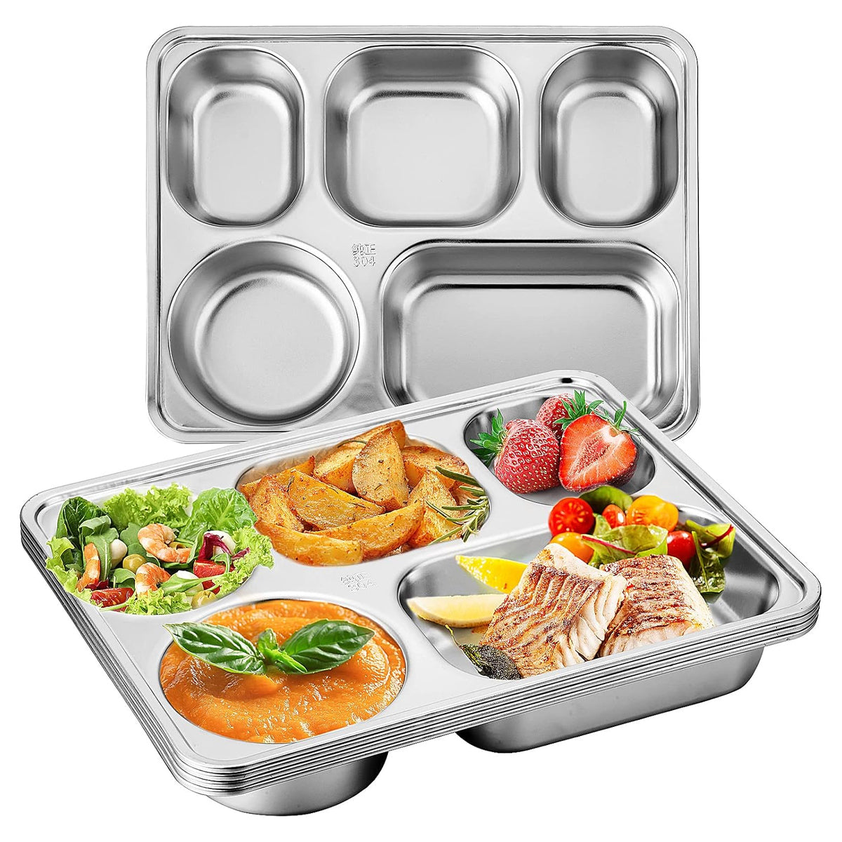 Stainless Steel Divided Square Dinner Plates, 8 Pcs