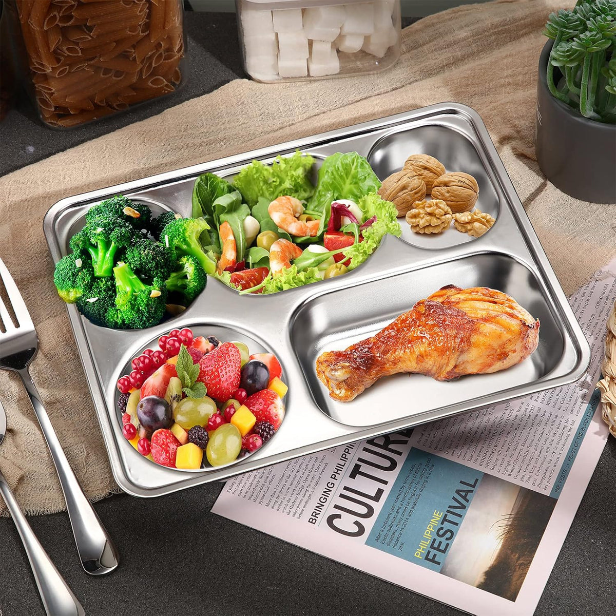 Stainless Steel Divided Square Dinner Plates, 8 Pcs