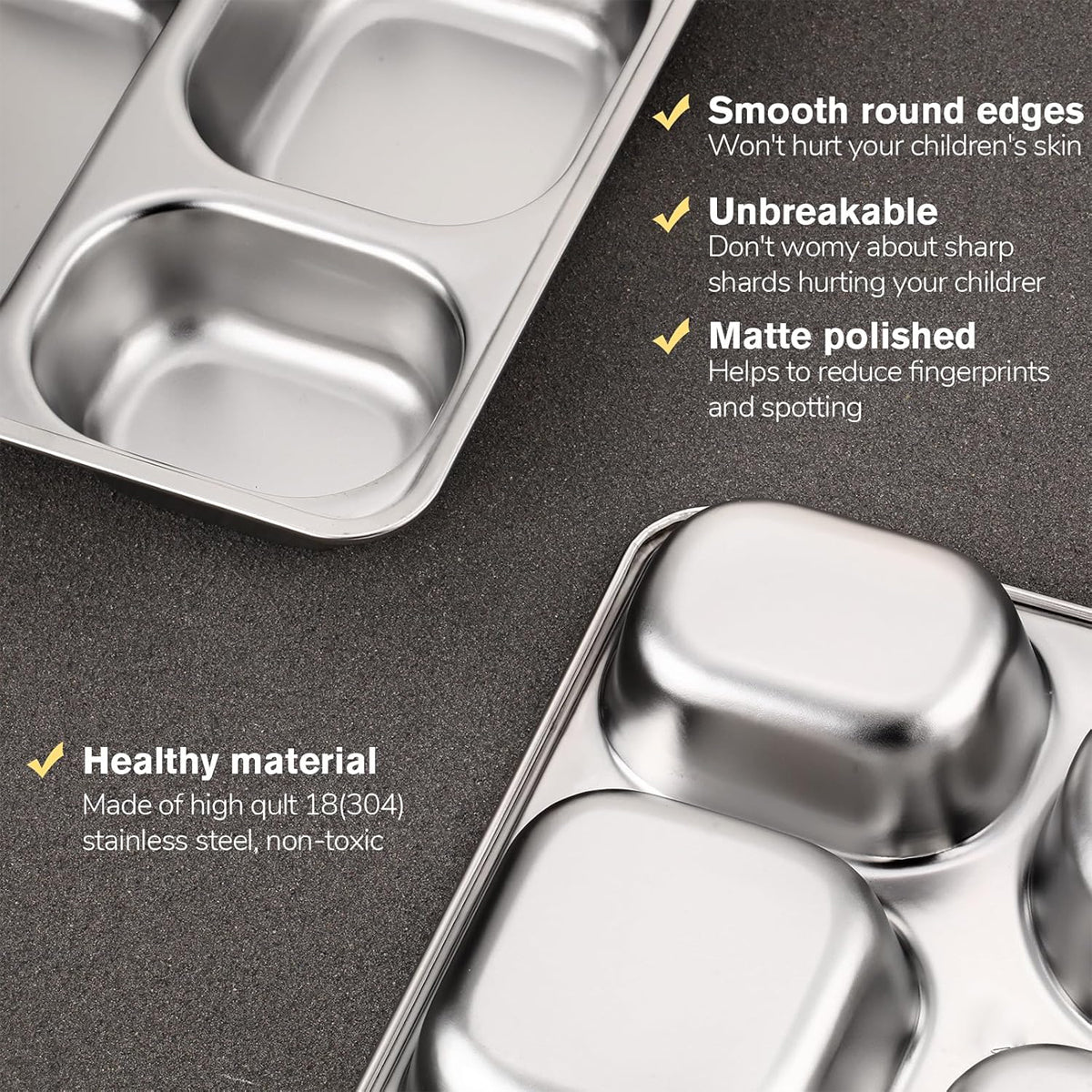 Stainless Steel Divided Square Dinner Plates, 8 Pcs
