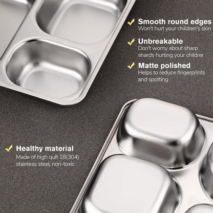 Stainless Steel Divided Square Dinner Plates, 8 Pcs