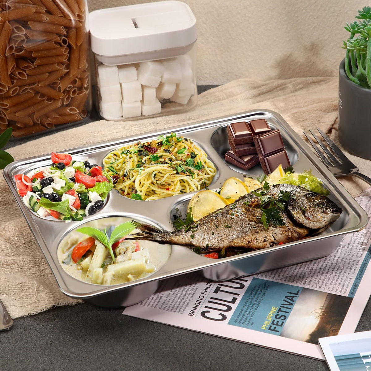 Stainless Steel Divided Square Dinner Plates, 8 Pcs