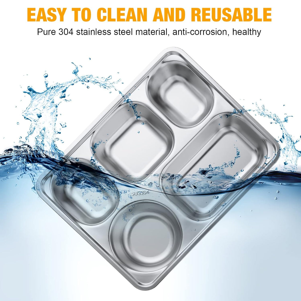 Stainless Steel Divided Square Dinner Plates, 8 Pcs