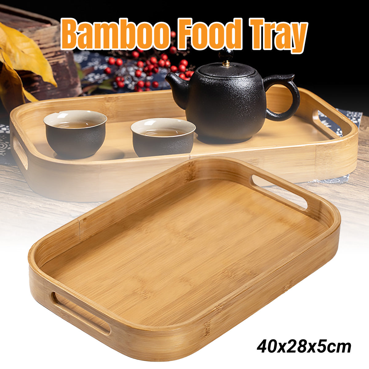 Bamboo Serving Tray with Handles Japanese Minimalist Style