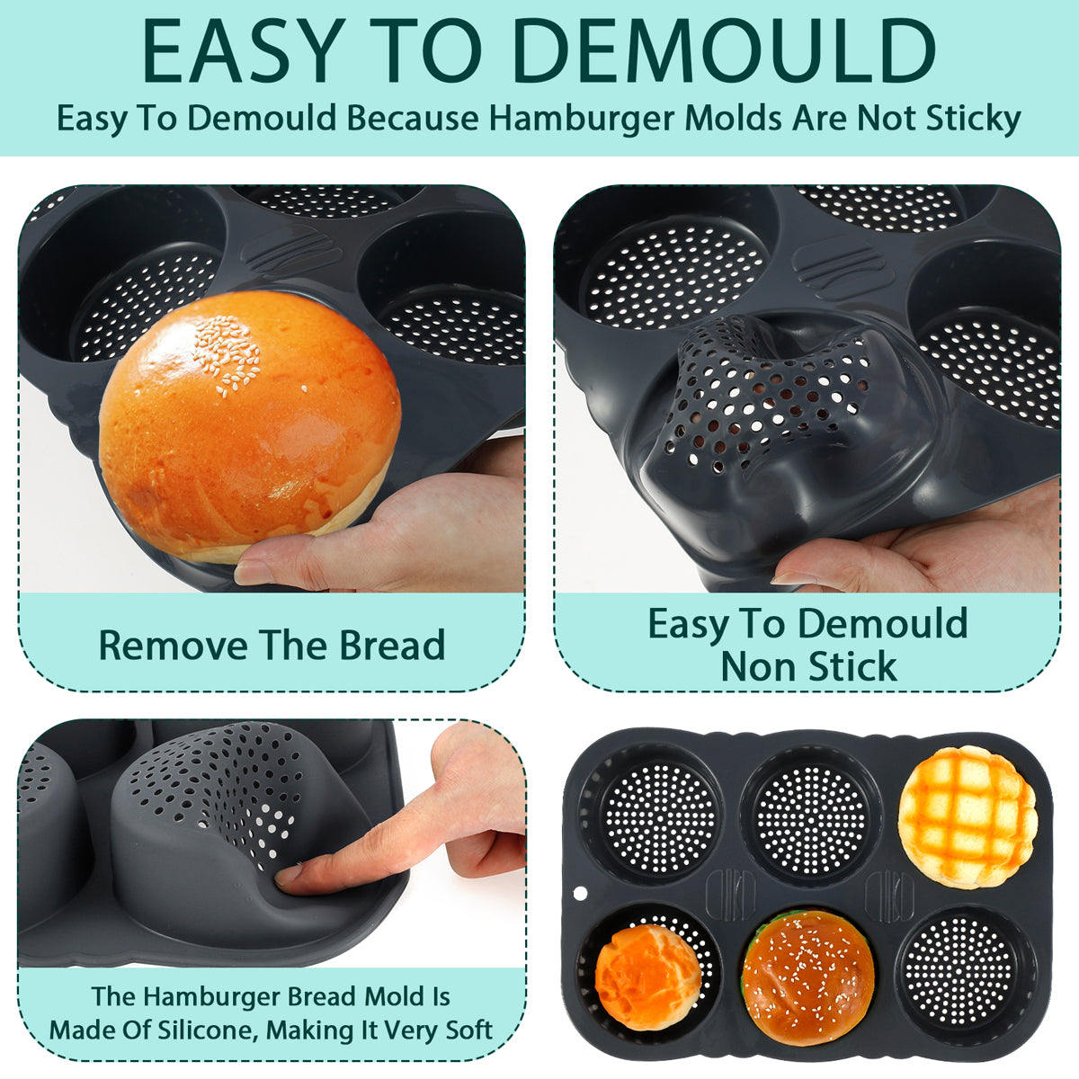 Silicone Hamburger Bun Pan Non-Stick Bread Mold, 6 Cavity