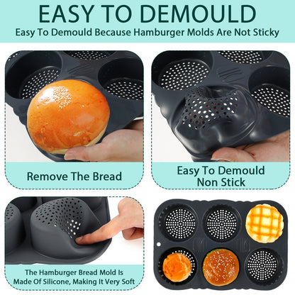 Silicone Hamburger Bun Pan Non-Stick Bread Mold, 6 Cavity