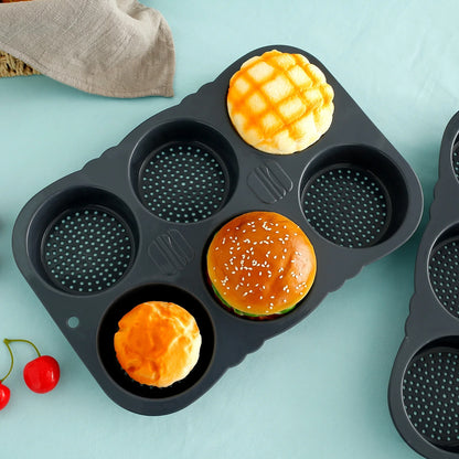 Silicone Hamburger Bun Pan Non-Stick Bread Mold, 6 Cavity