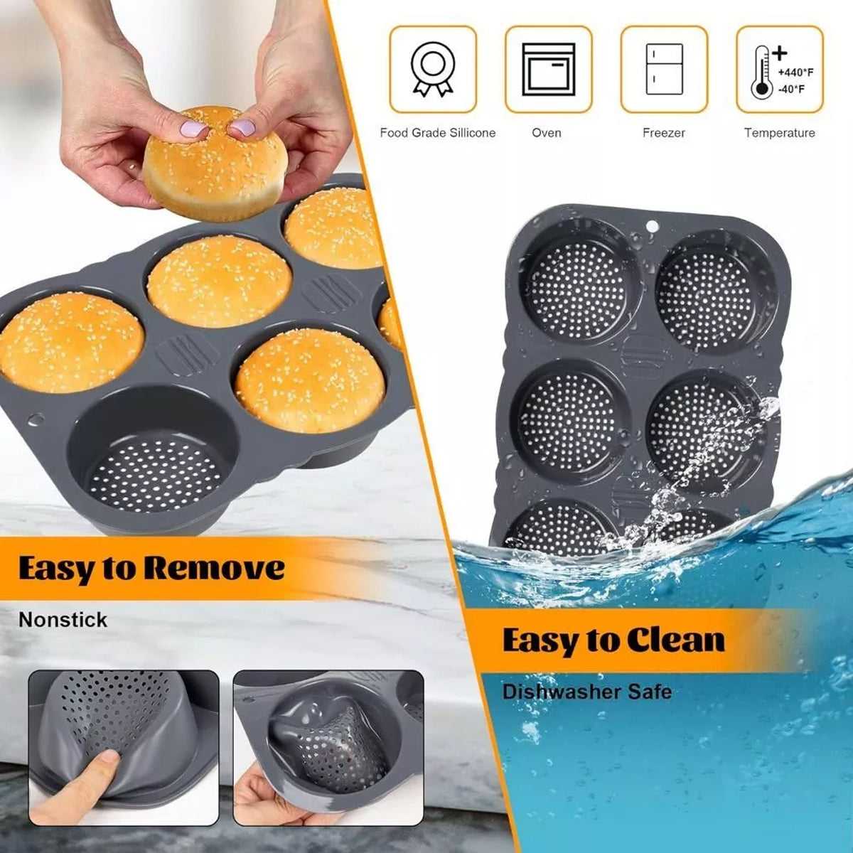 Silicone Hamburger Bun Pan Non-Stick Bread Mold, 6 Cavity