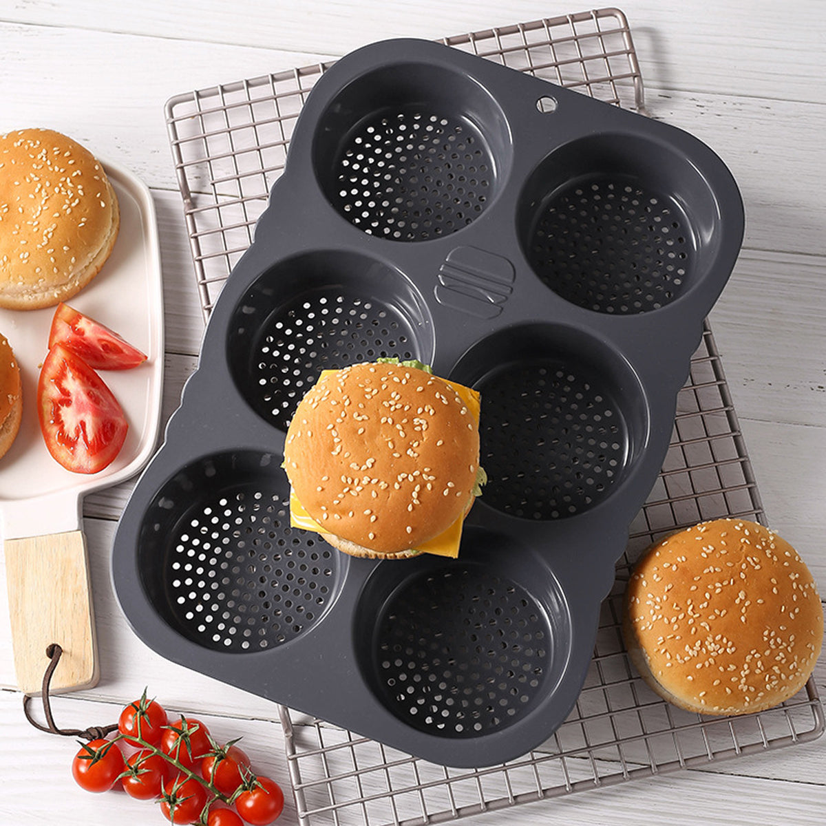 Silicone Hamburger Bun Pan Non-Stick Bread Mold, 6 Cavity