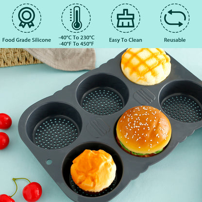 Silicone Hamburger Bun Pan Non-Stick Bread Mold, 6 Cavity
