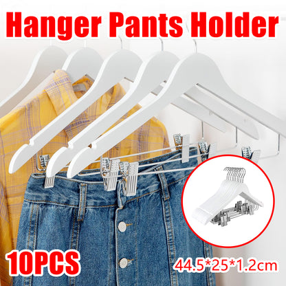 10 Pcs Solid Wood Non-Slip Pants Hangers with Clips White Finish