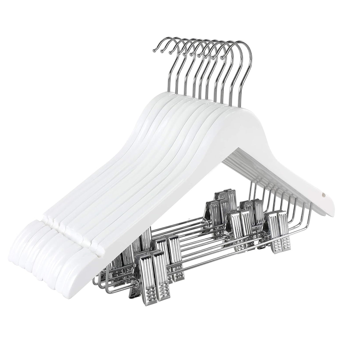 10 Pcs Solid Wood Non-Slip Pants Hangers with Clips White Finish