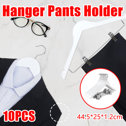 10 Pcs Solid Wood Non-Slip Pants Hangers with Clips White Finish