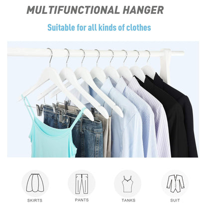 10 Pcs Solid Wood Non-Slip Pants Hangers with Clips White Finish