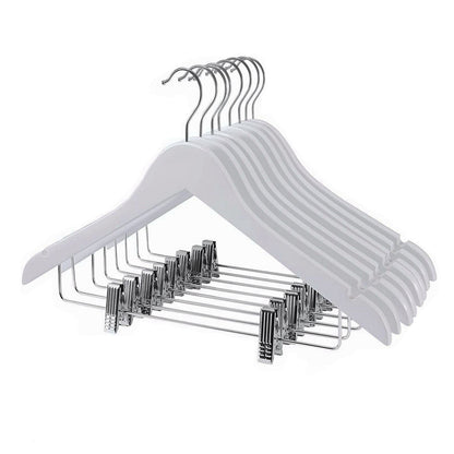 10 Pcs Solid Wood Non-Slip Pants Hangers with Clips White Finish