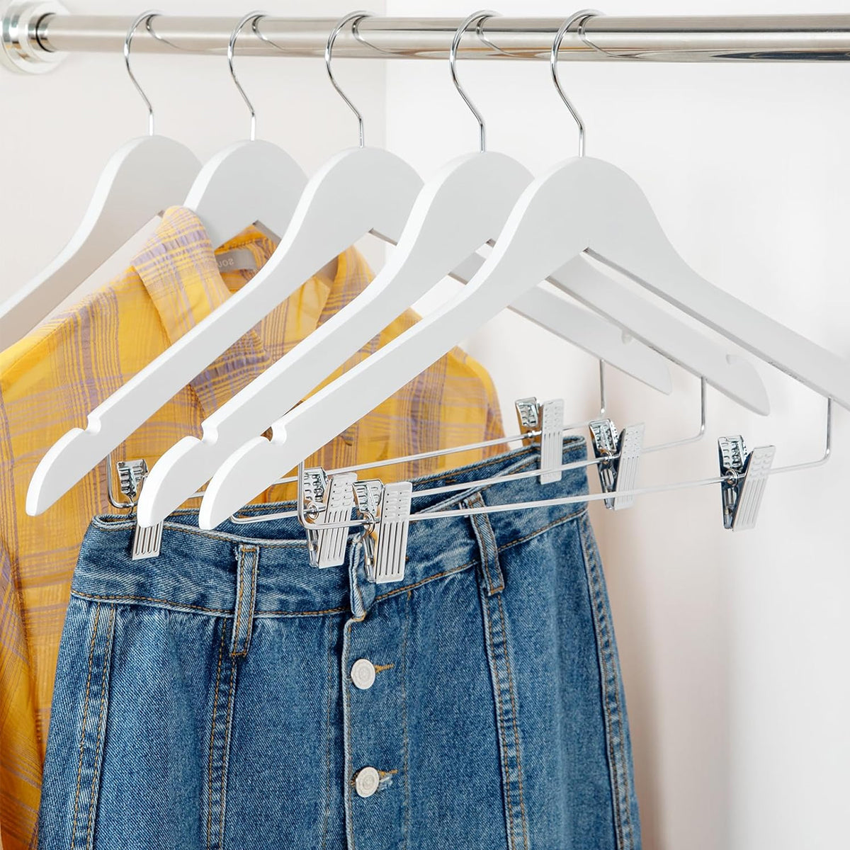 10 Pcs Solid Wood Non-Slip Pants Hangers with Clips White Finish