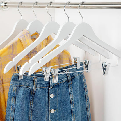 10 Pcs Solid Wood Non-Slip Pants Hangers with Clips White Finish