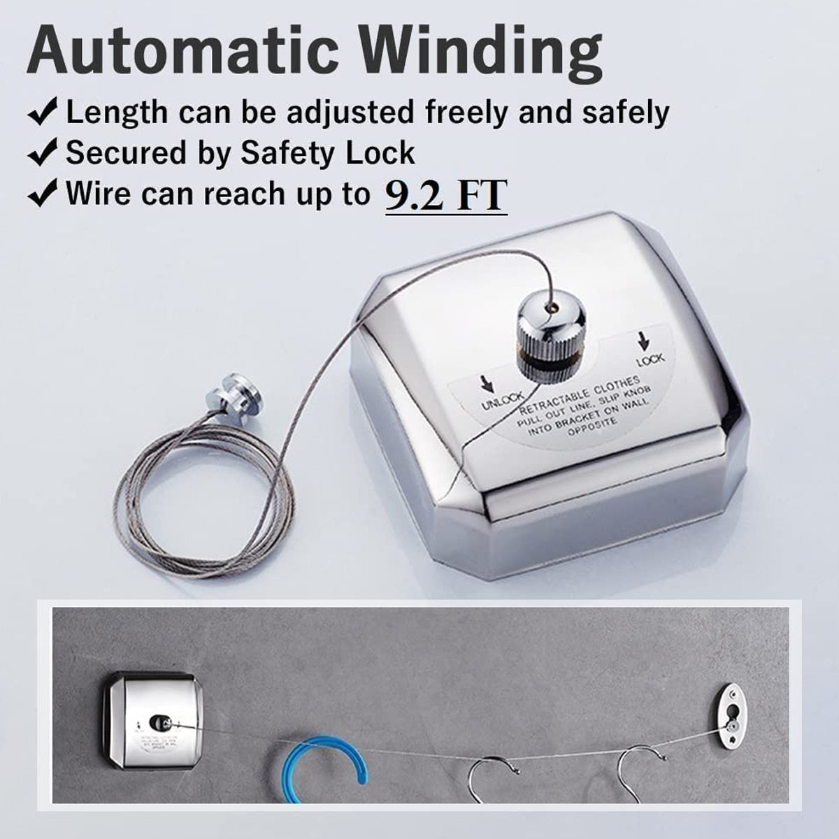 2.8m Retractable Indoor Clothesline Stainless Steel Wire Mount