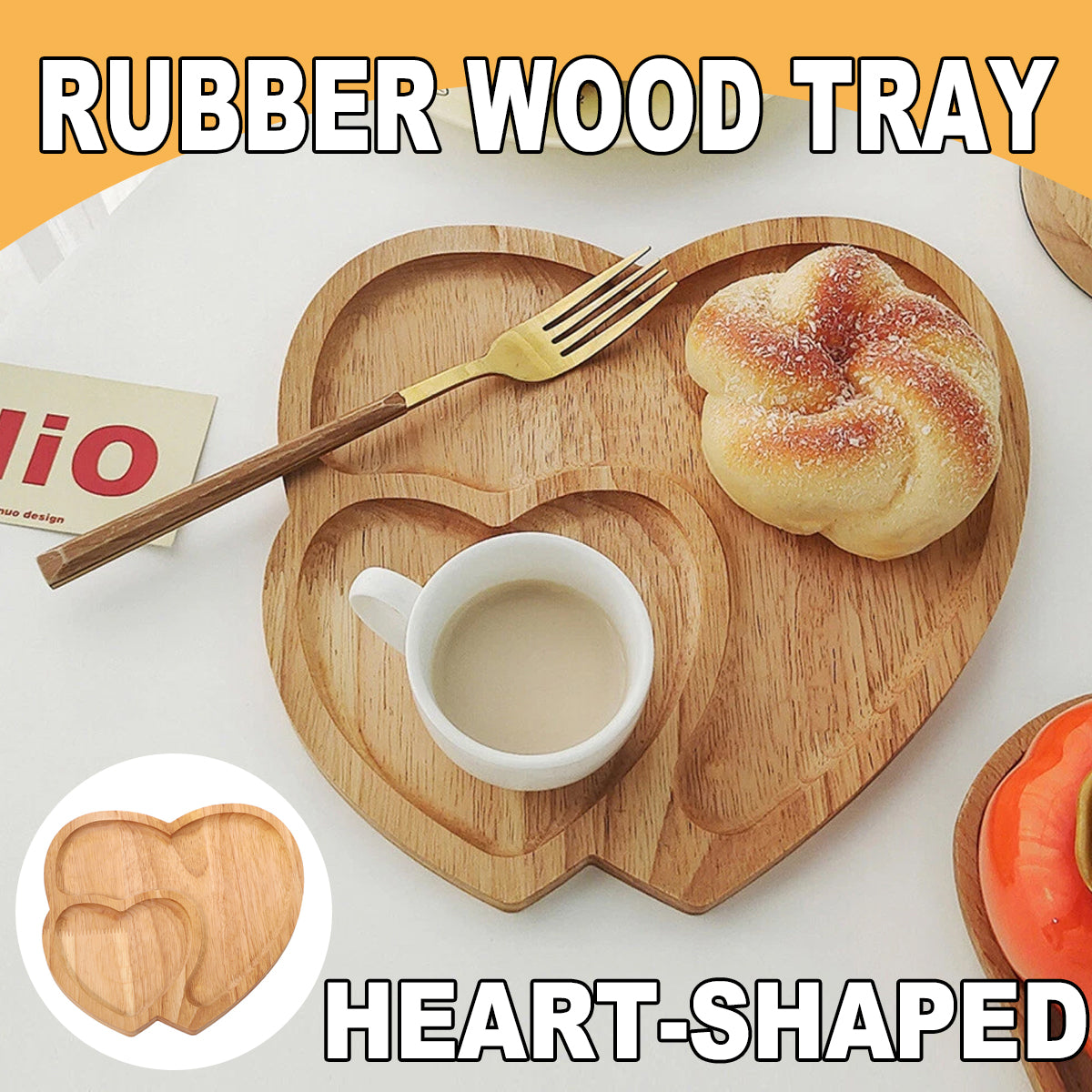 Heart-Shaped Rubber Wood Serving Tray for Coffee and Desserts