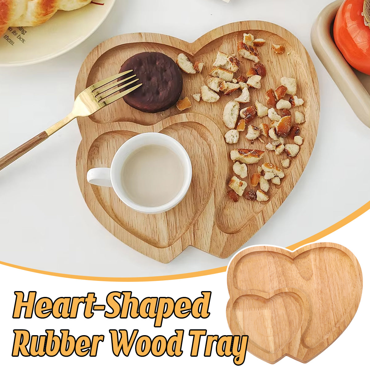 Heart-Shaped Rubber Wood Serving Tray for Coffee and Desserts