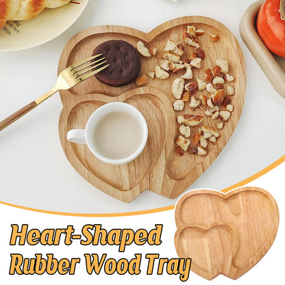 Heart-Shaped Rubber Wood Serving Tray for Coffee and Desserts