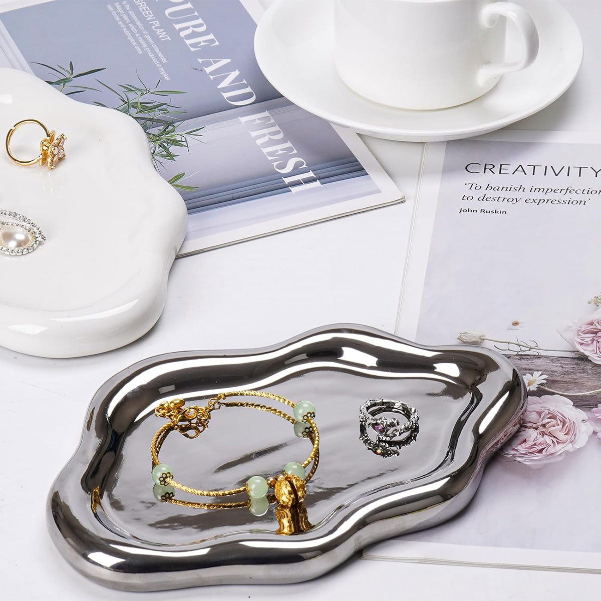 2PCS  Luxury Ceramic Jewelry Display Tray Organizer Plate Storage Large Decor AU