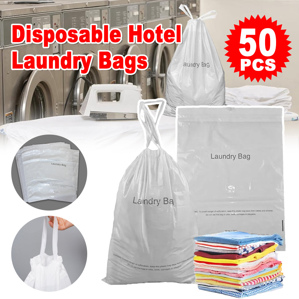 50 Pcs Disposable Plastic Laundry Bags with Drawstring Closure