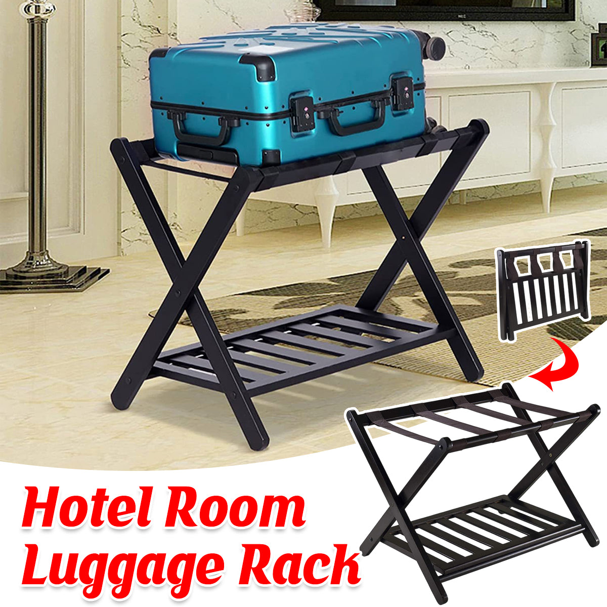 Foldable Bamboo Luggage Rack Double Layer Suitcase Stand
