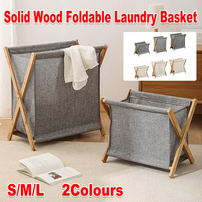 Wooden Collapsible Laundry Basket with Breathable Fabric