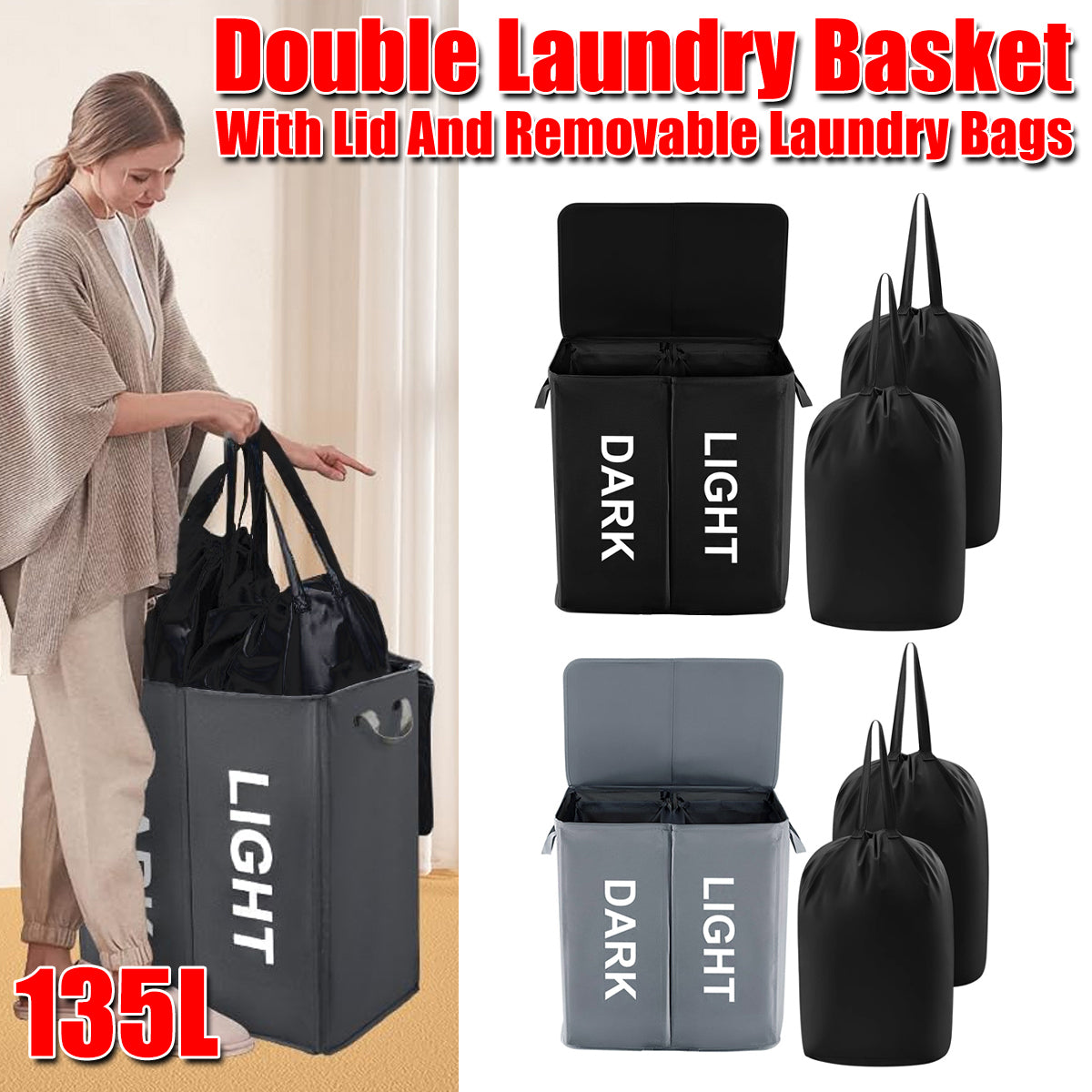 Oxford Cloth Double Laundry Basket for Dirty Clothes Storage Hamper Organizer