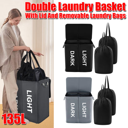 Oxford Cloth Double Laundry Basket for Dirty Clothes Storage Hamper Organizer