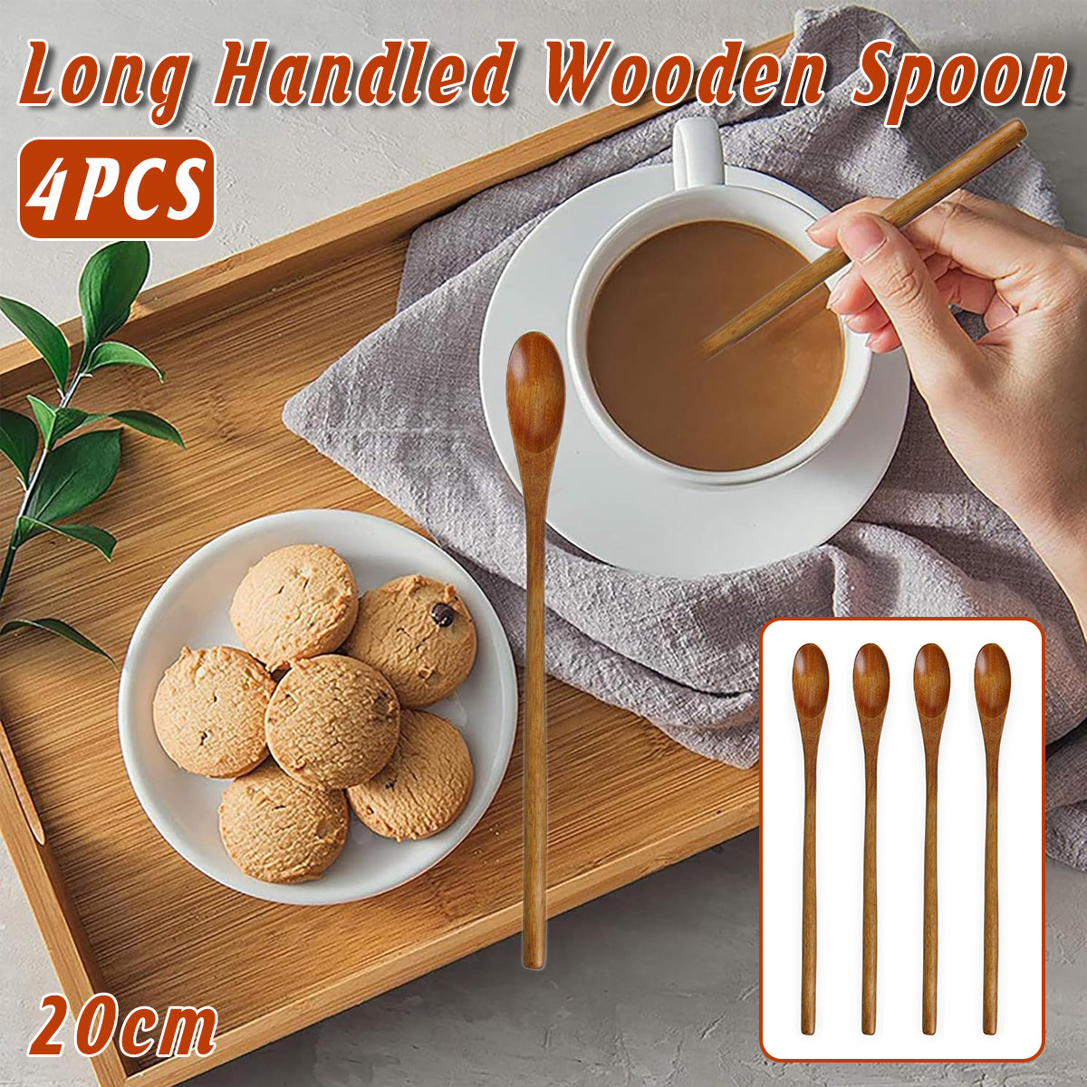 4PCS Japanese Wooden Long Handle Stirring Spoons for Coffee and Tea