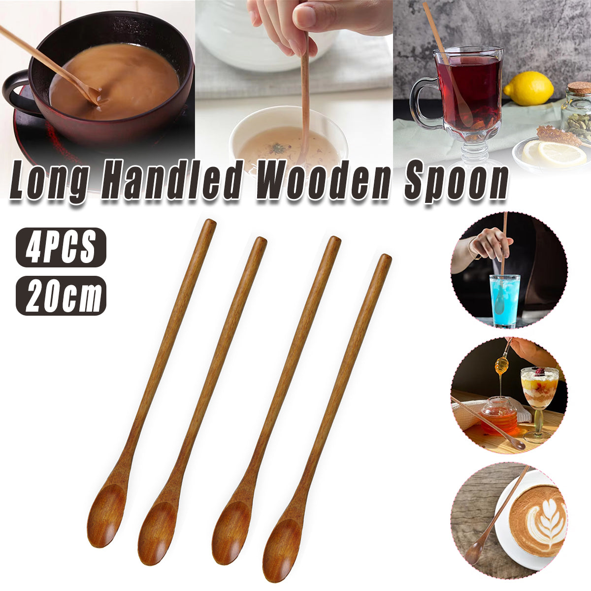 4PCS Japanese Wooden Long Handle Stirring Spoons for Coffee and Tea