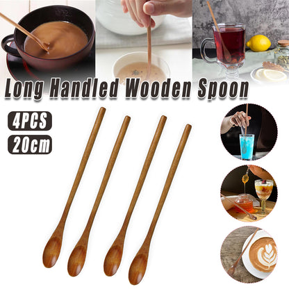 4PCS Japanese Wooden Long Handle Stirring Spoons for Coffee and Tea
