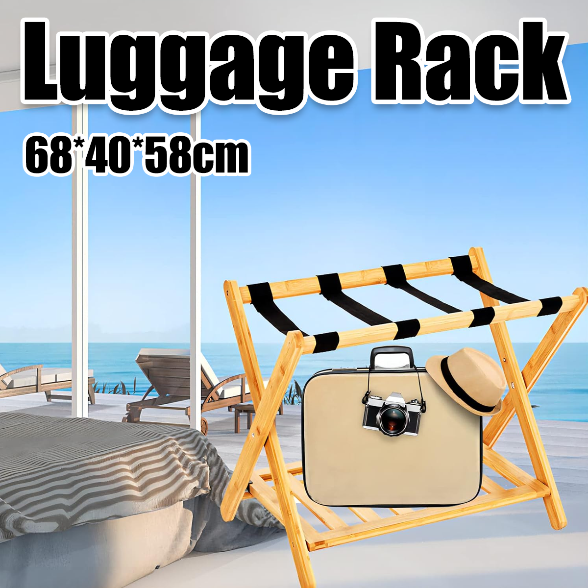 Bamboo Luggage Rack Foldable with Straps for Hotel Guest Rooms