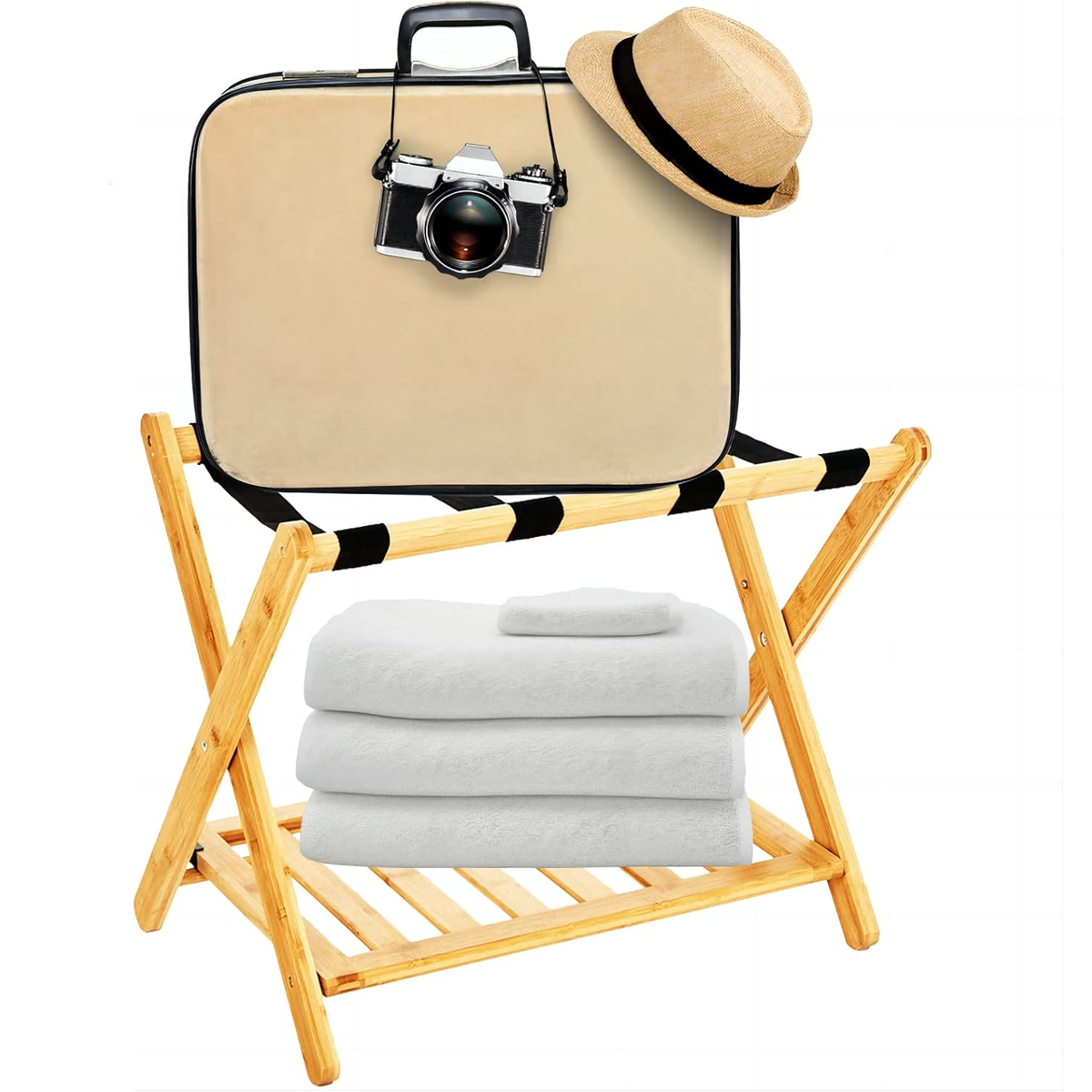 Bamboo Luggage Rack Foldable with Straps for Hotel Guest Rooms