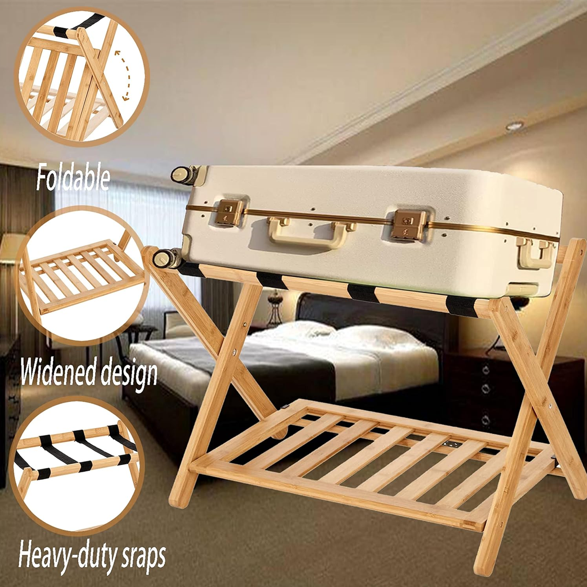 Bamboo Luggage Rack Foldable with Straps for Hotel Guest Rooms