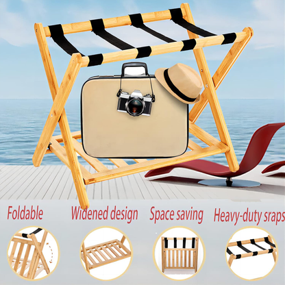 Bamboo Luggage Rack Foldable with Straps for Hotel Guest Rooms