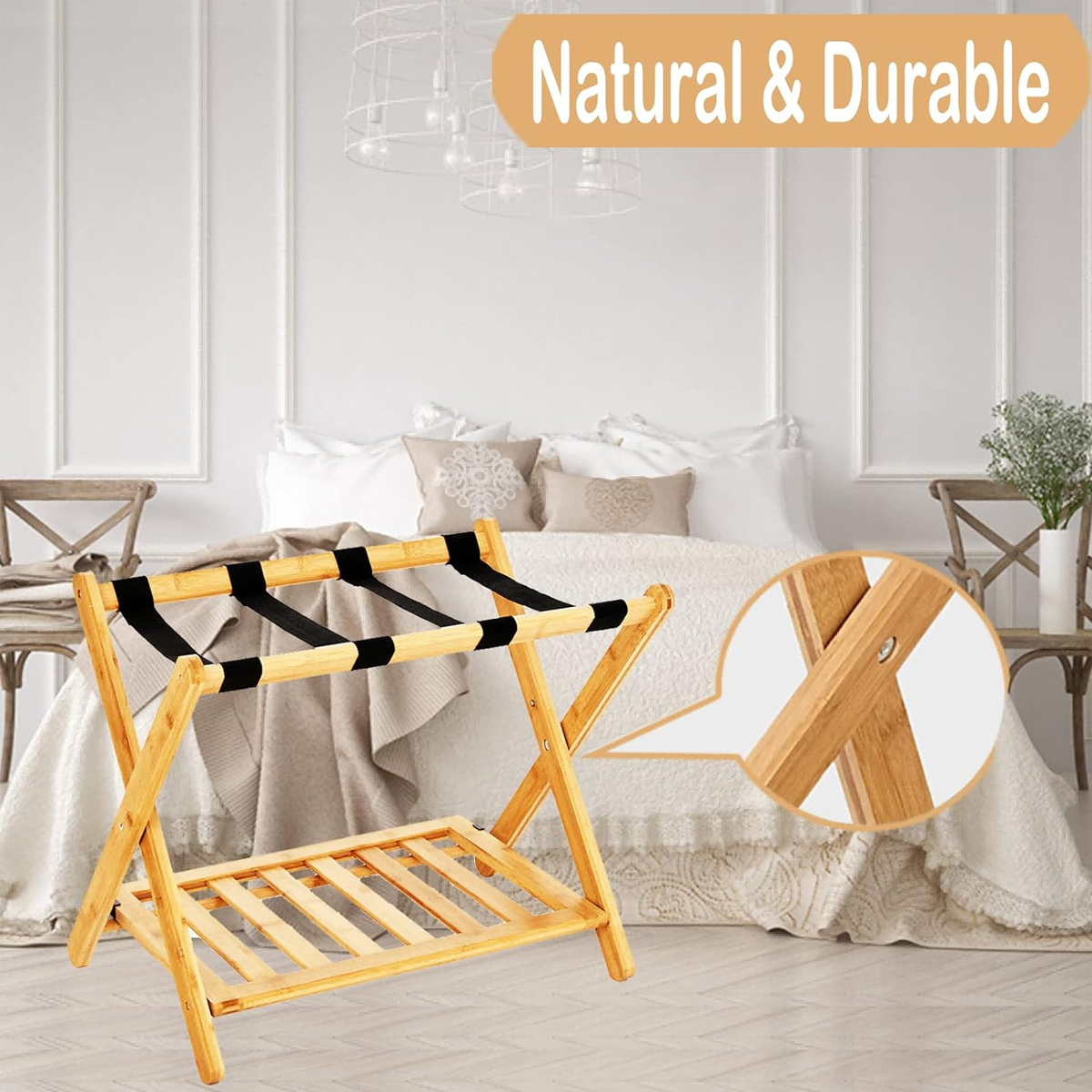 Bamboo Luggage Rack Foldable with Straps for Hotel Guest Rooms