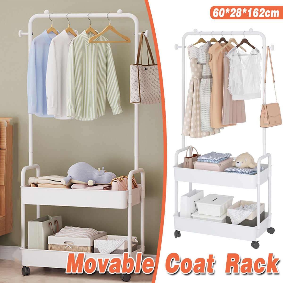 Multipurpose Clothing Rack with Wheels Rolling Wardrobe Organizer for Clothes