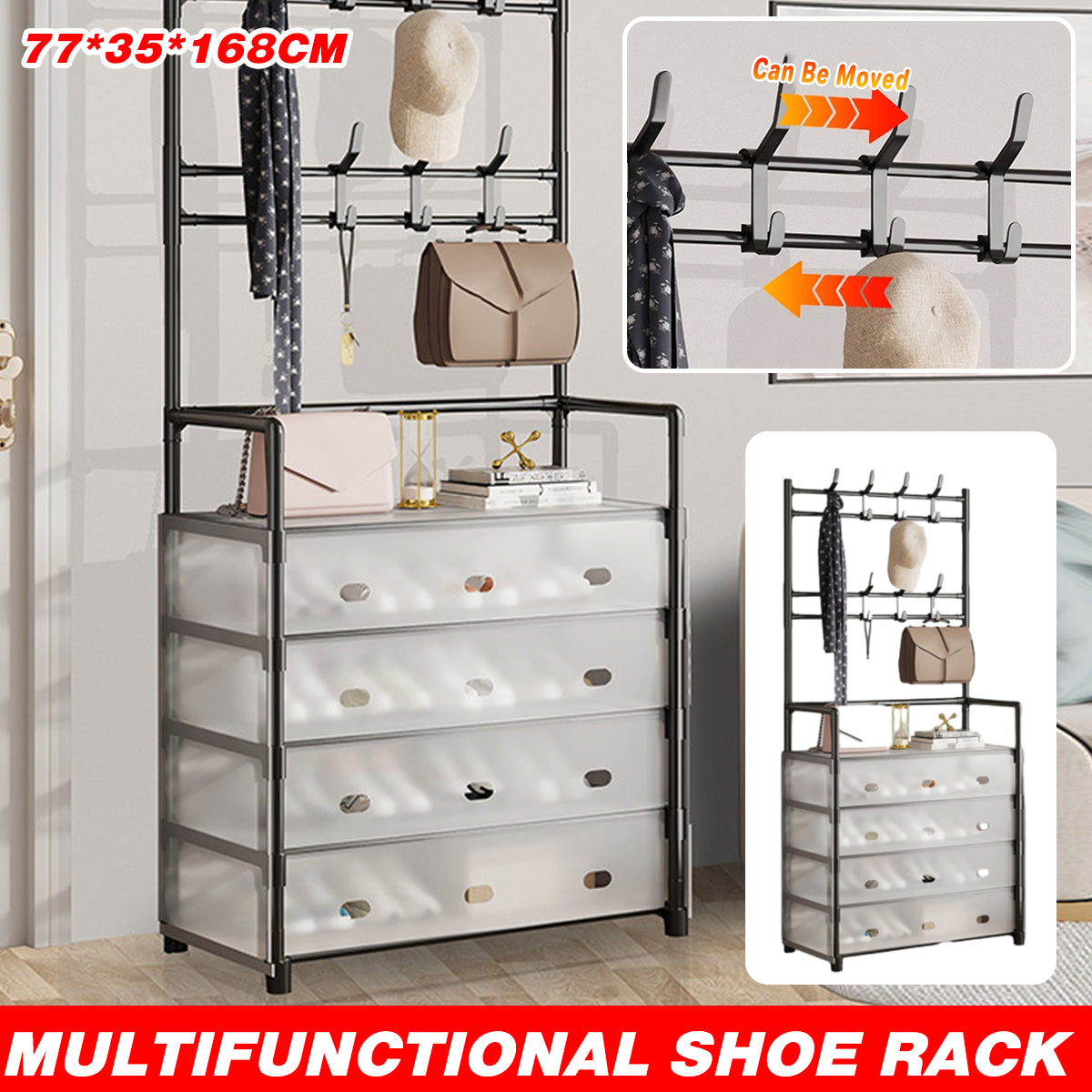 5-Layer Hall Tree with Metal Coat Rack Shoe Rack Entryway Storage Organizer Home