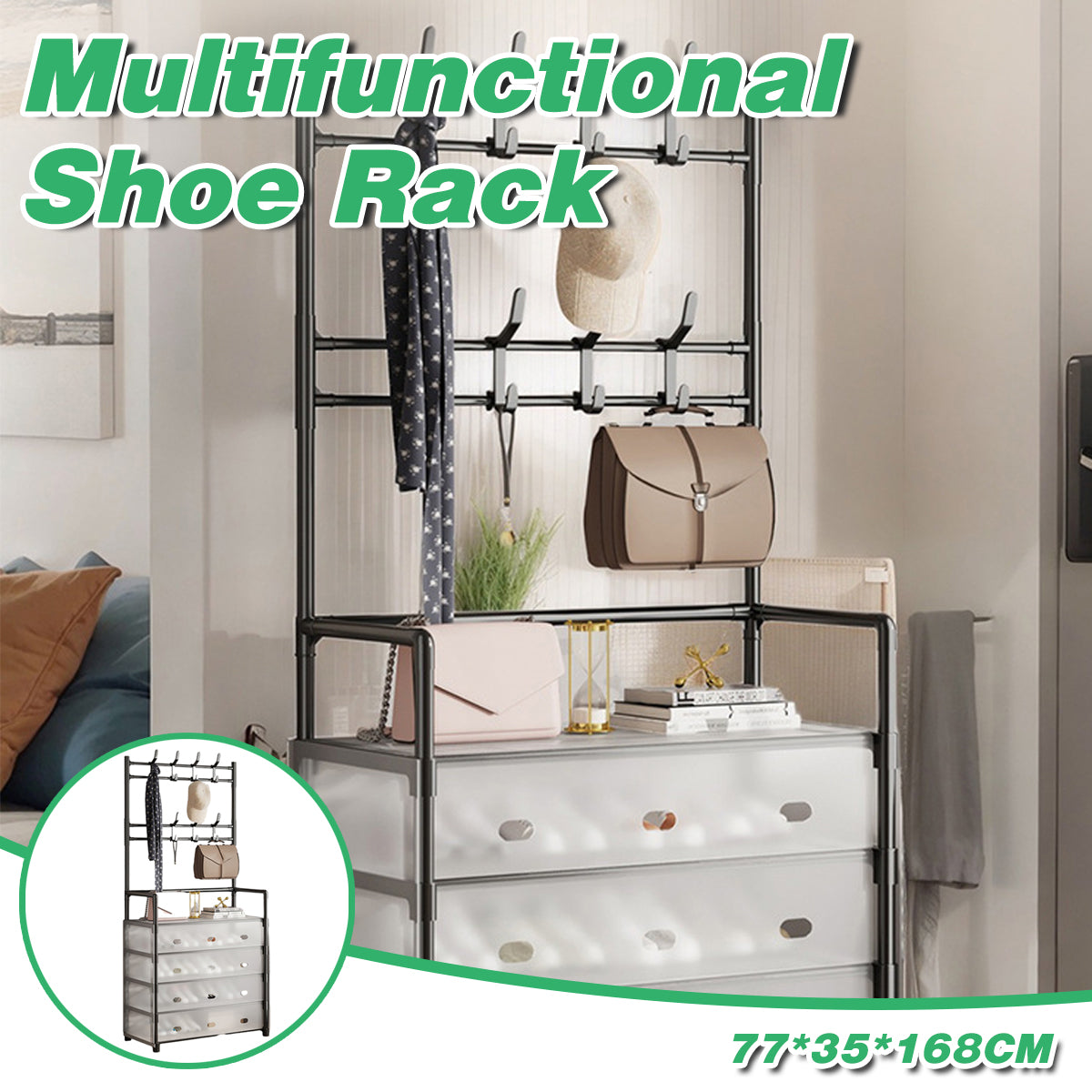 5-Layer Hall Tree with Metal Coat Rack Shoe Rack Entryway Storage Organizer Home