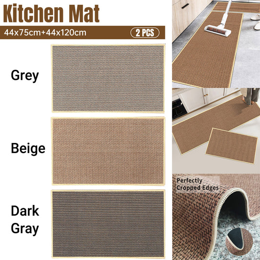2 Pcs Absorbent Kitchen Floor Mat Non-Slip Linen Rug Set