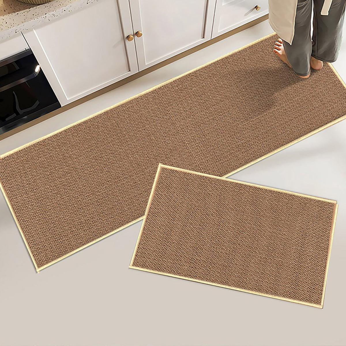 2 Pcs Absorbent Kitchen Floor Mat Non-Slip Linen Rug Set