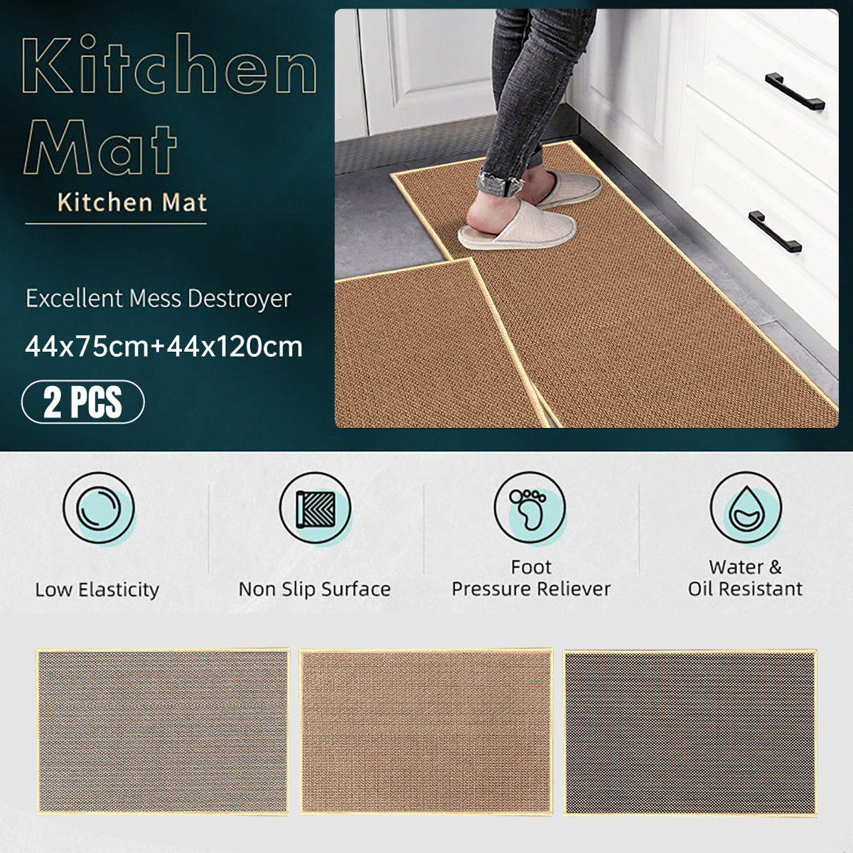 2 Pcs Absorbent Kitchen Floor Mat Non-Slip Linen Rug Set