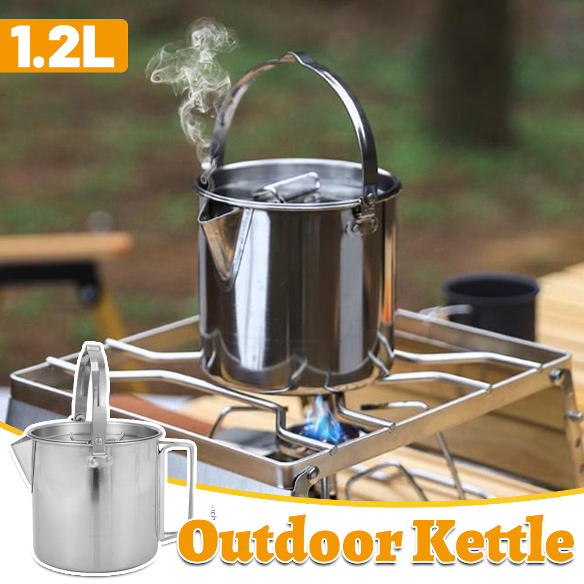 1.2L Stainless Steel Camping Kettle With Riveted Handle for Outdoor Picnic