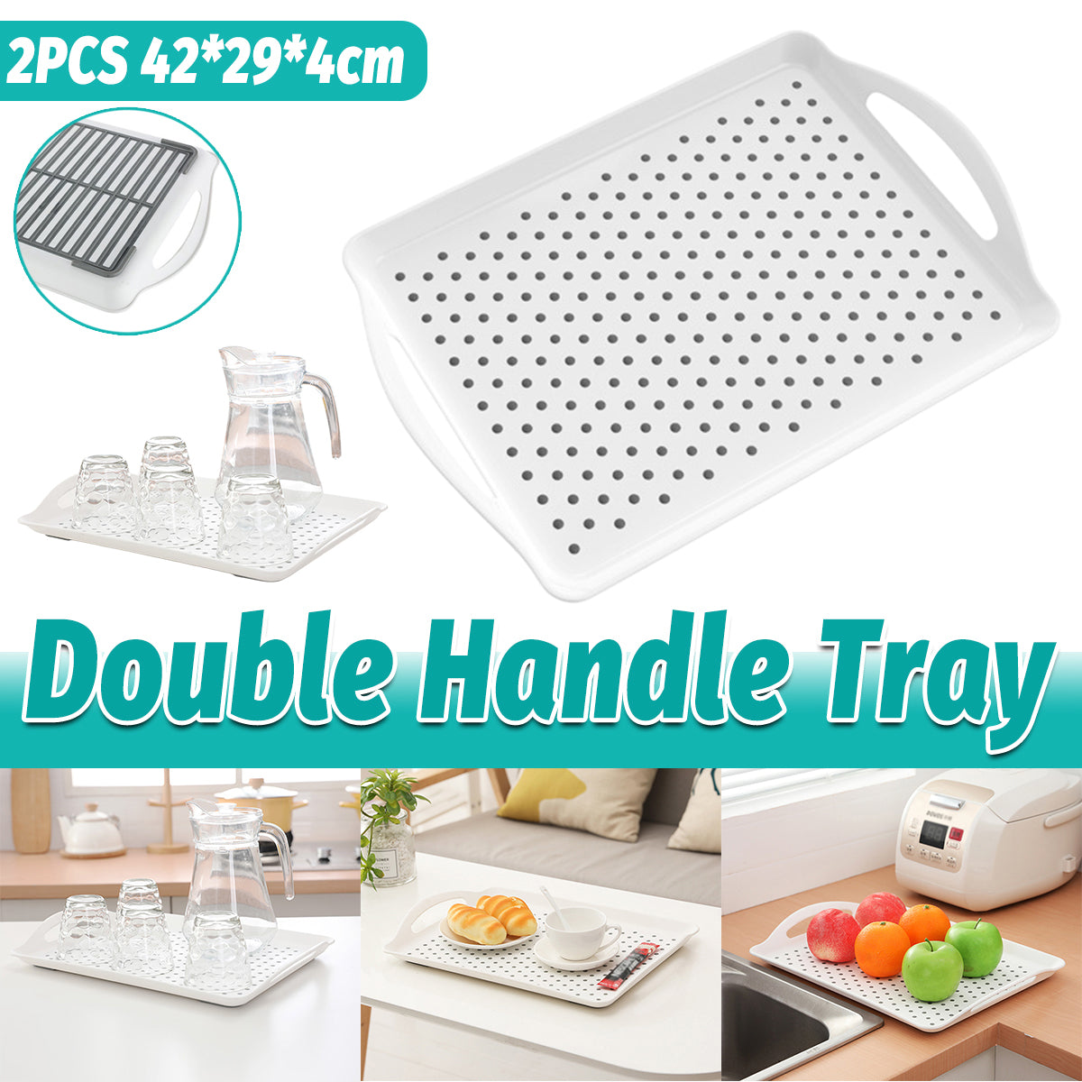 2PCS Rectangular Serving Tray Double Handle Non Slip TPR Kitchen Display Plate