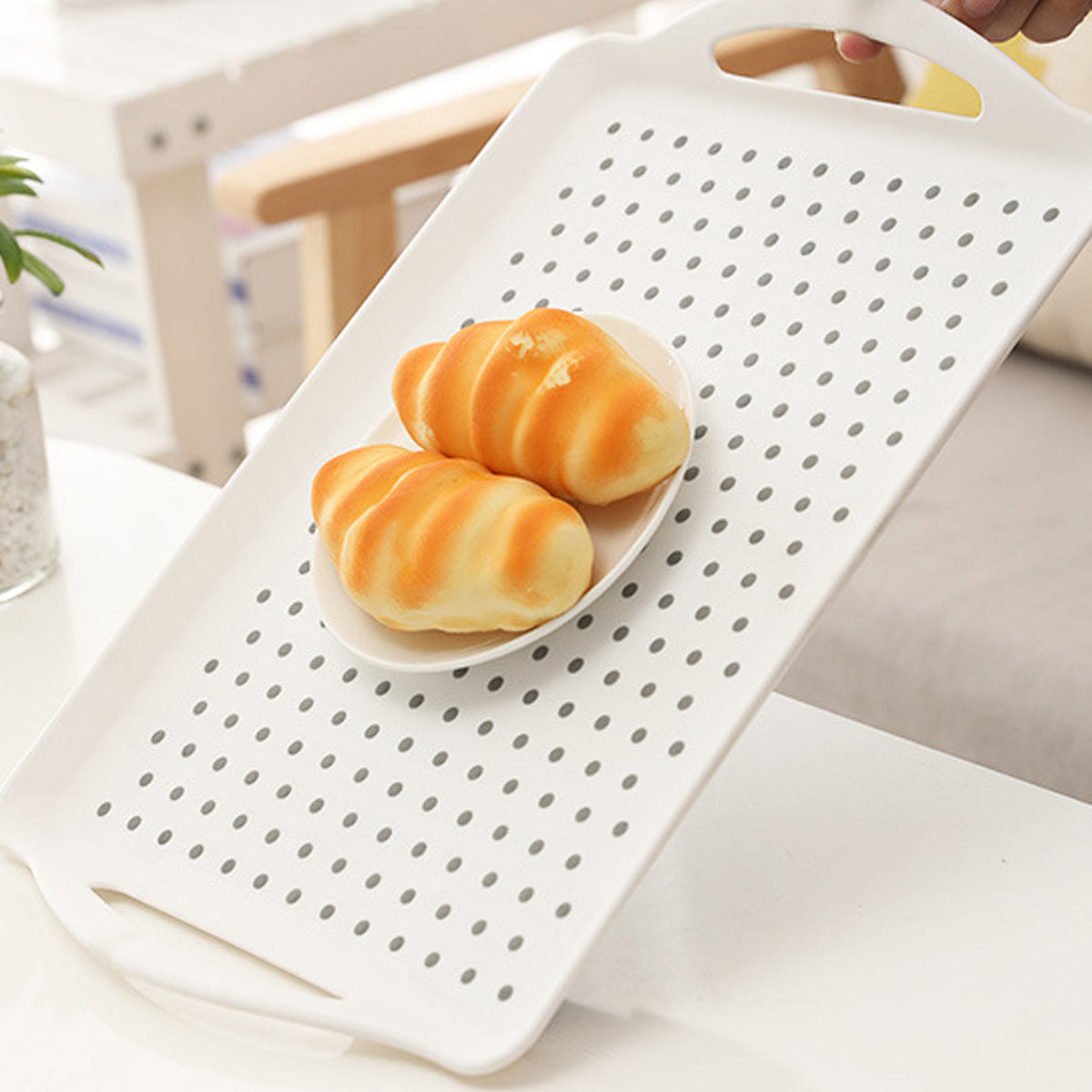 2PCS Rectangular Serving Tray Double Handle Non Slip TPR Kitchen Display Plate