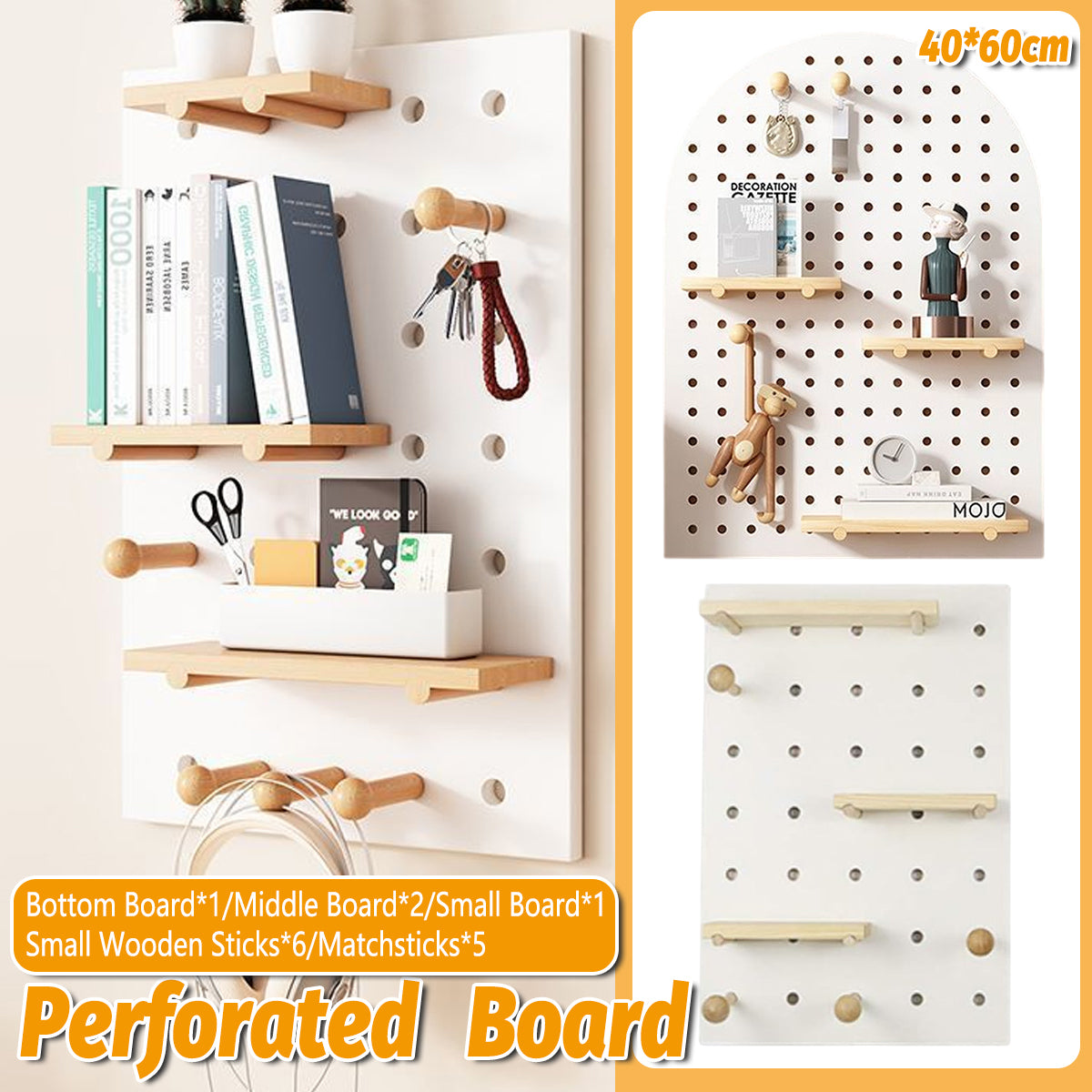 Wall Mounted Pegboard Shelf with Wooden Hooks – Product View 16