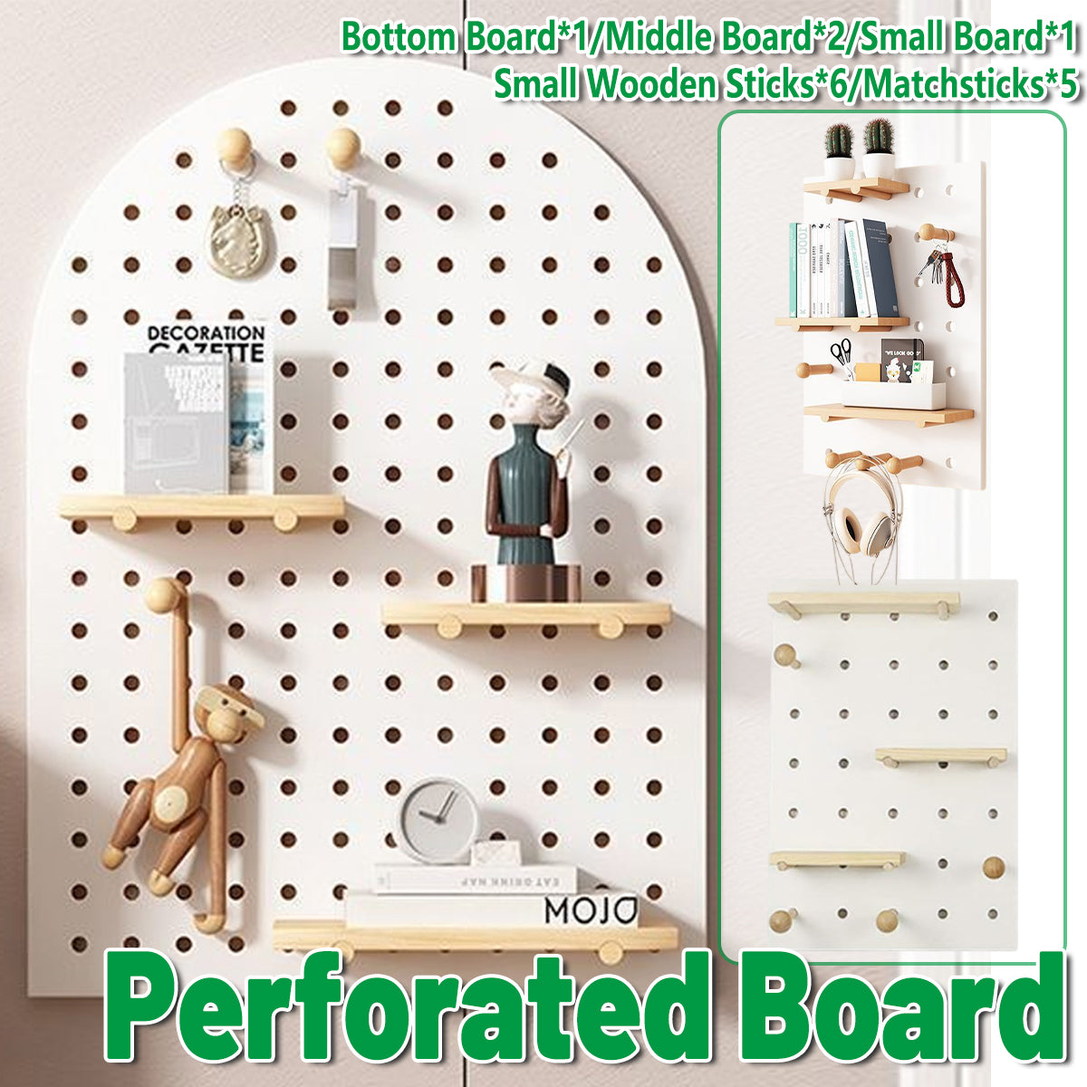 Wall Mounted Pegboard Shelf with Wooden Hooks – Product View 2