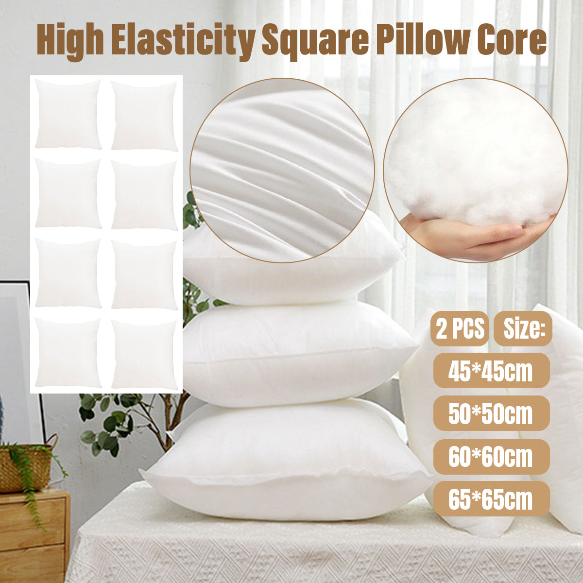 2pcs Premium Square Pillow Inserts Soft Cushion Fillers Hotel Quality